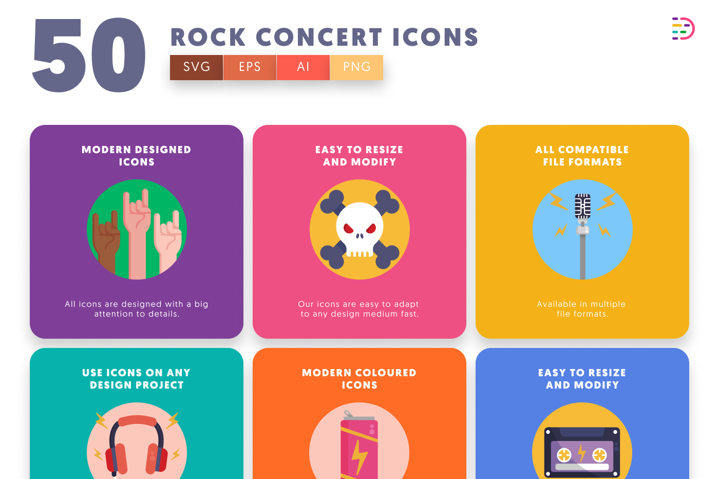 50 Rock Concert Icons preview 5 – flat circle icons in PNG, SVG and EPS