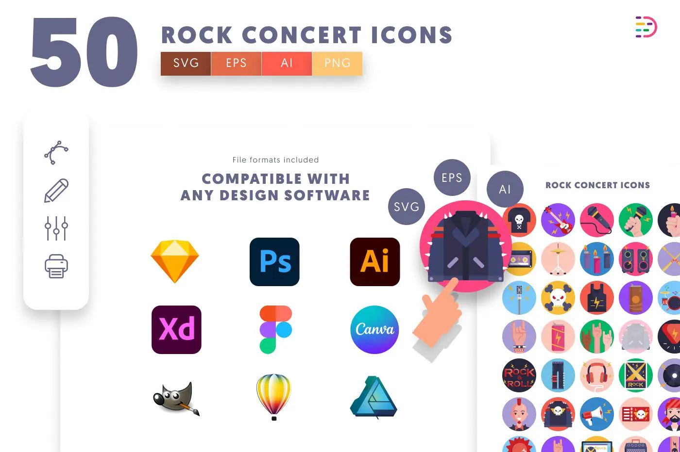 50 Rock Concert Icons preview 8 – flat circle icons in PNG, SVG and EPS