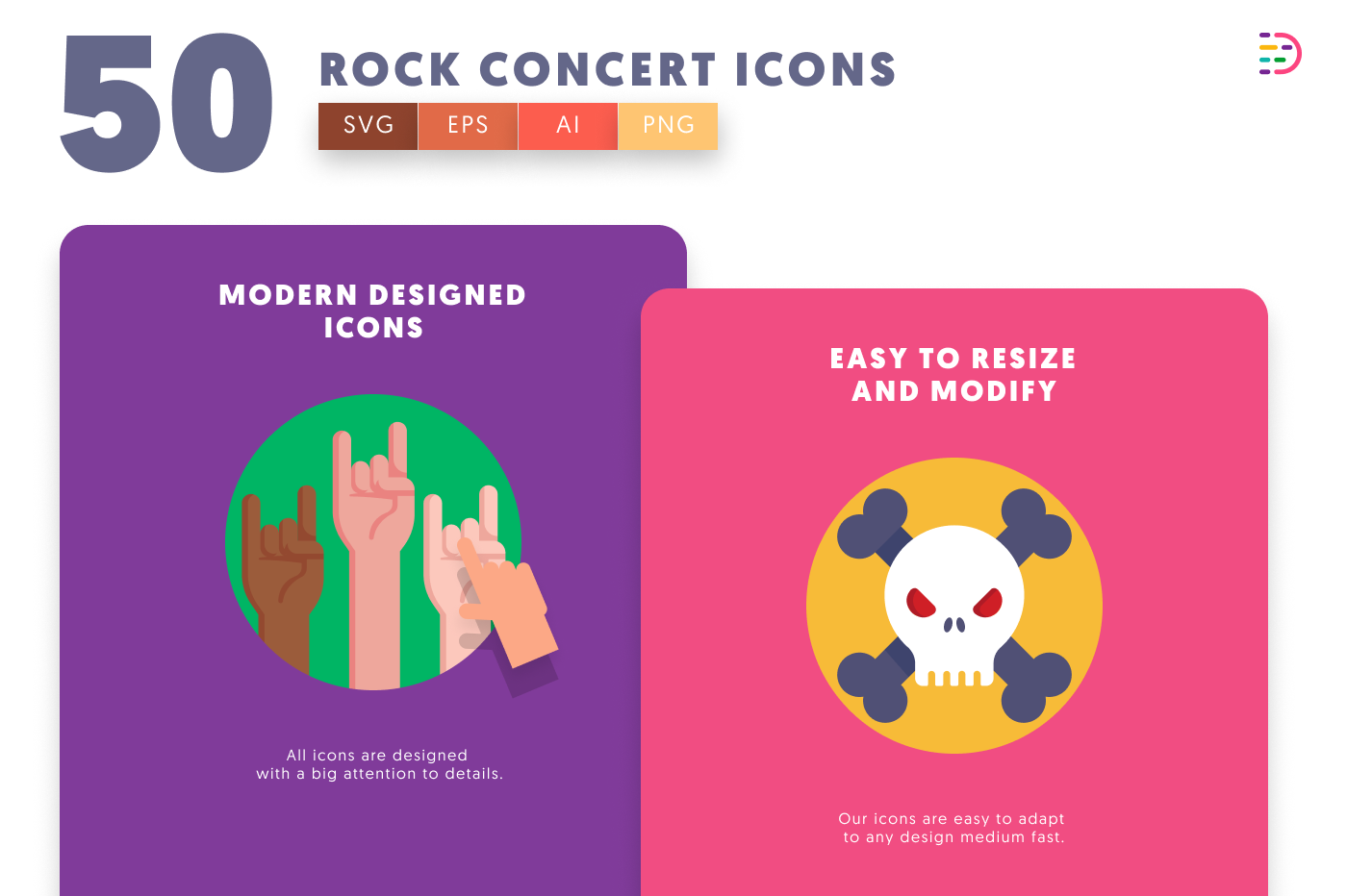 50 Rock Concert Icons cover – flat circle icons in PNG, SVG and EPS
