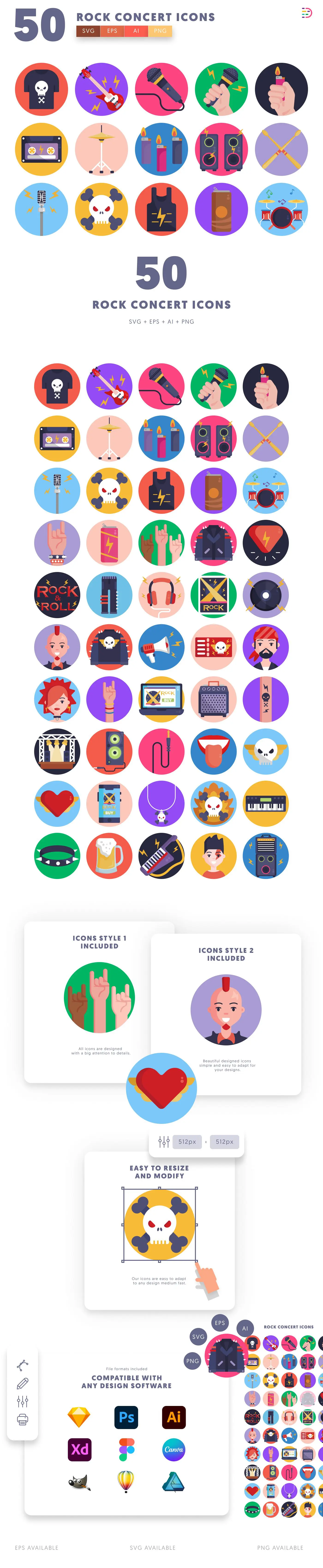 50 Rock Concert Icons cover – flat circle icons in PNG, SVG and EPS