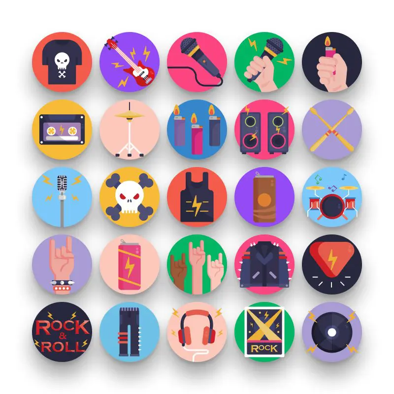 50 Rock Concert Icons – set of colorful flat circle icons