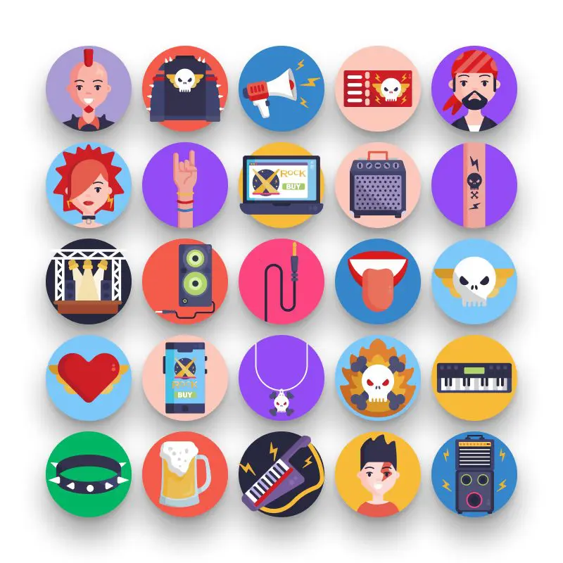 50 Rock Concert Icons – set of colorful flat circle icons