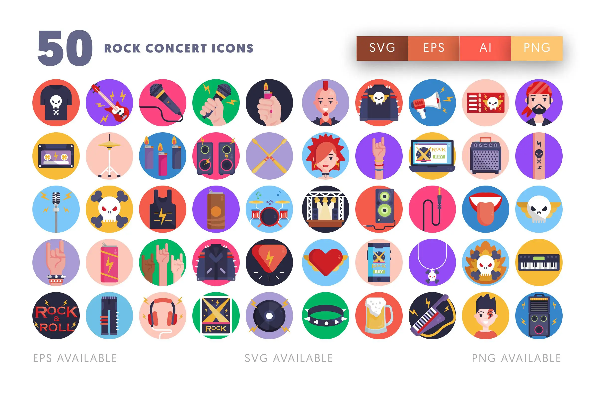 50 Rock Concert Icons – flat circle icon set