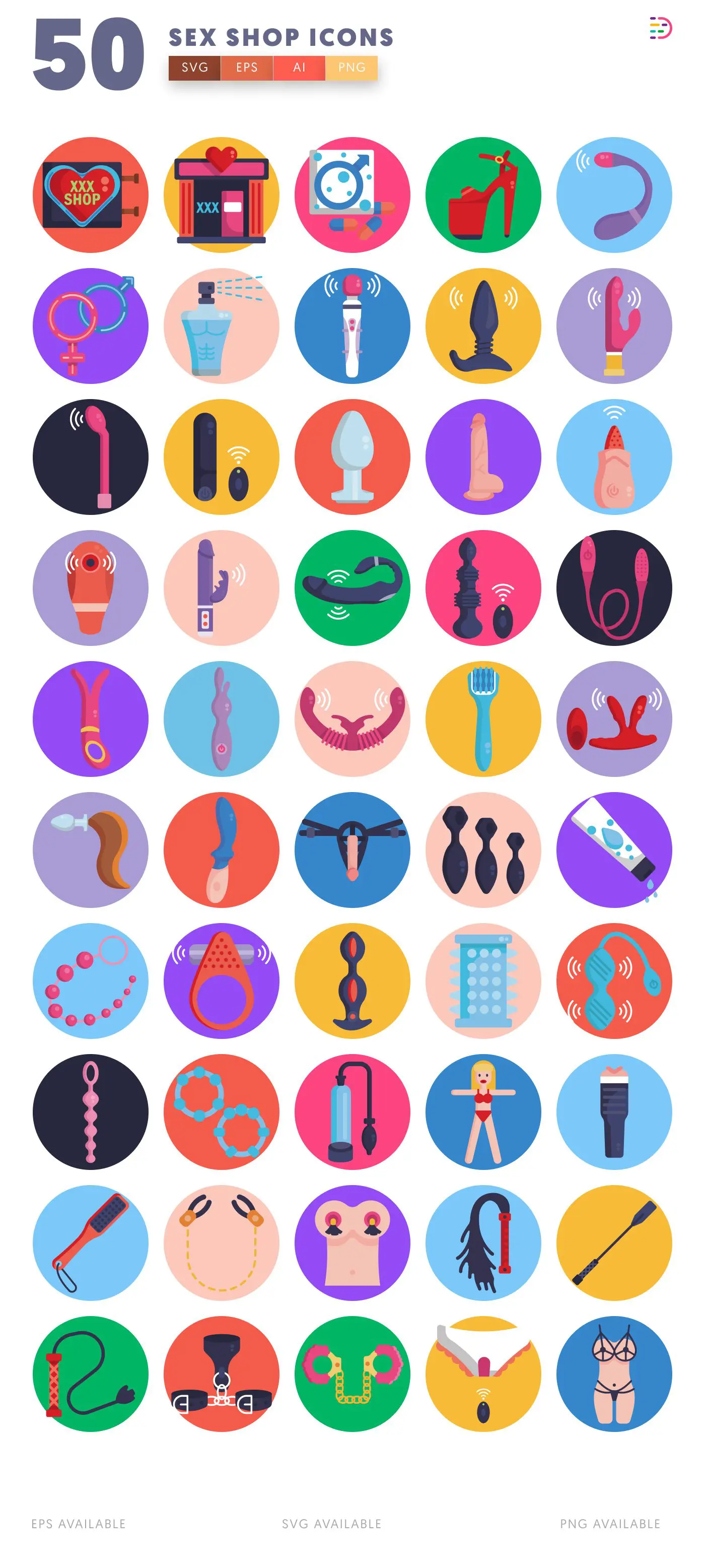 50 Sex Shop Icons – set of colorful flat circle icons
