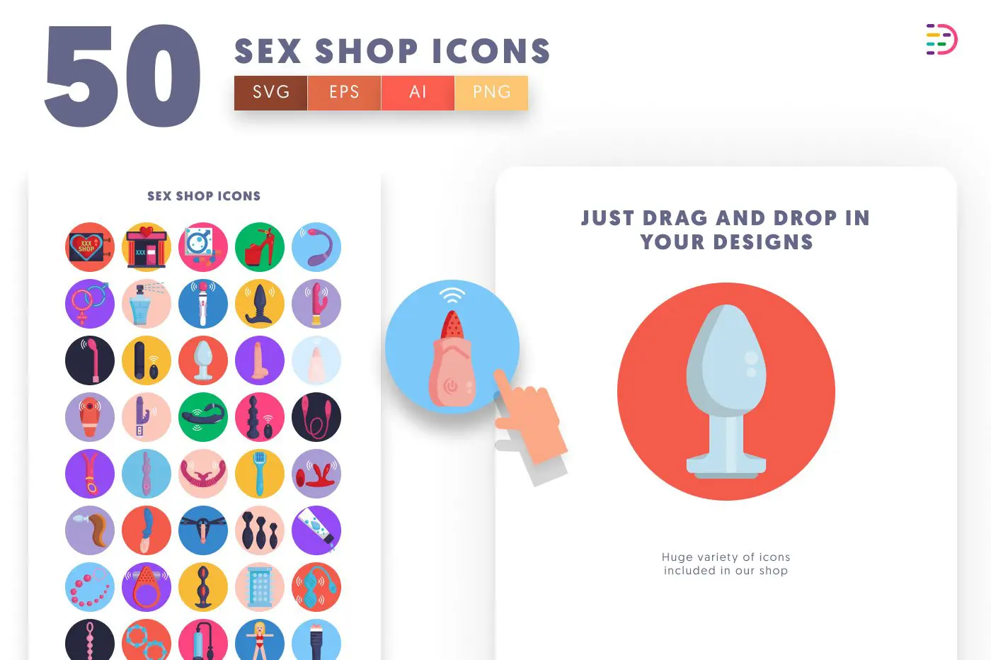 50 Sex Shop Icons – set of colorful flat circle icons