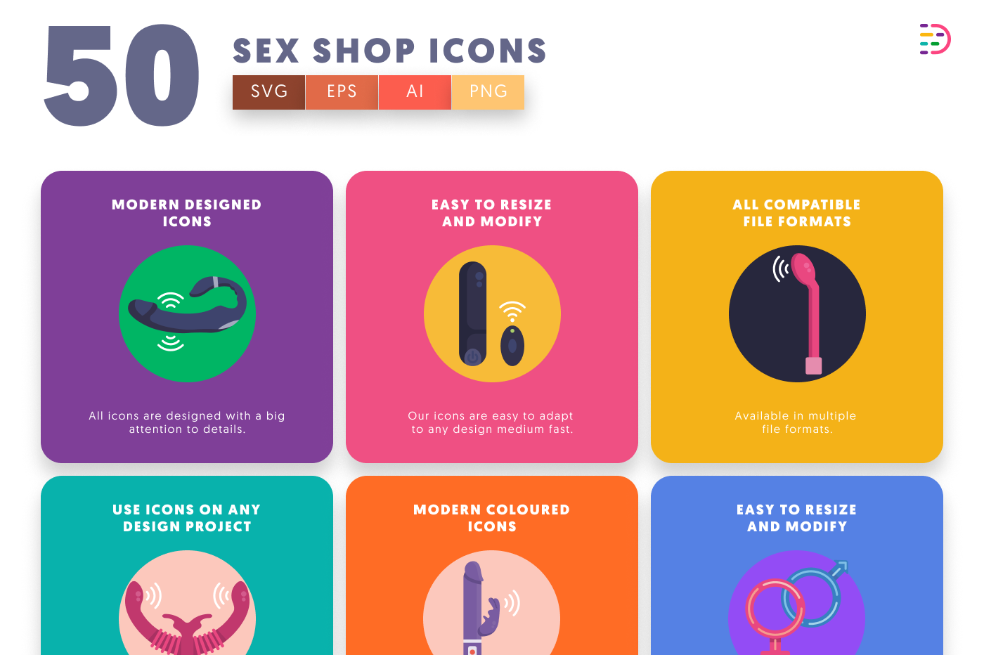 50 Sex Shop Icons – set of colorful flat circle icons