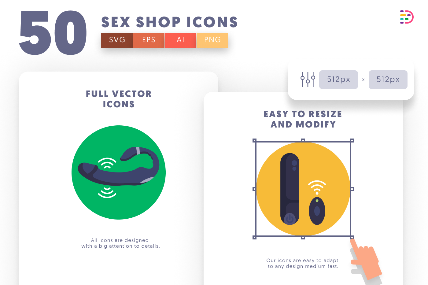50 Sex Shop Icons – set of colorful flat circle icons