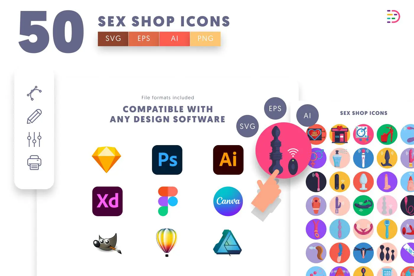 50 Sex Shop Icons – set of colorful flat circle icons