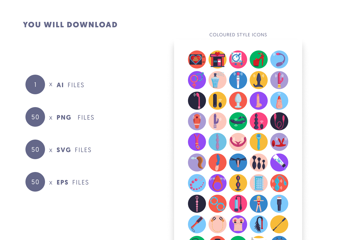 50 Sex Shop Icons – set of colorful flat circle icons