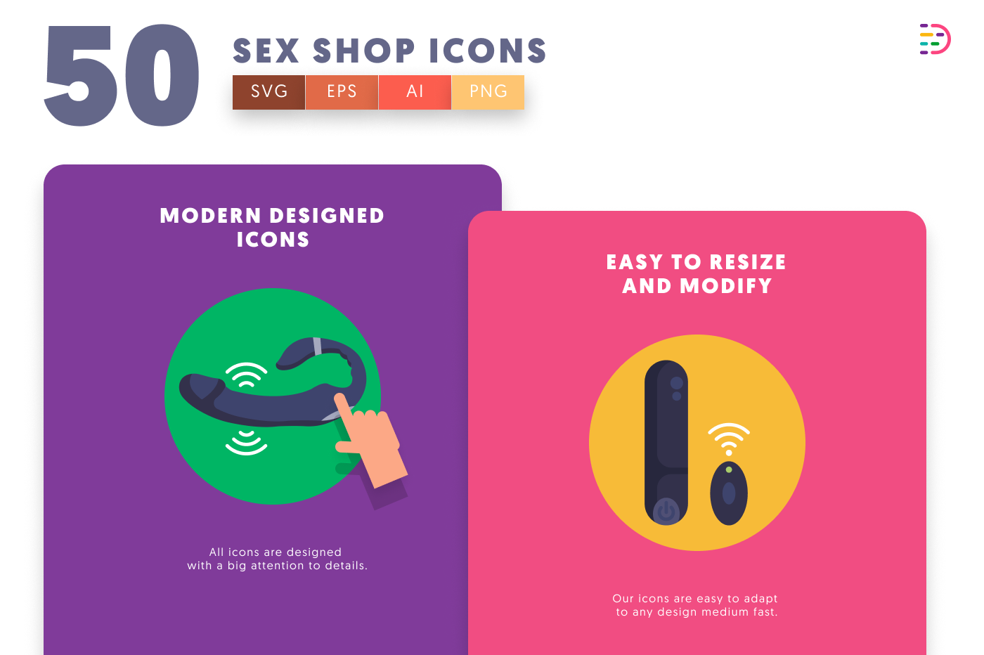 50 Sex Shop Icons – set of colorful flat circle icons