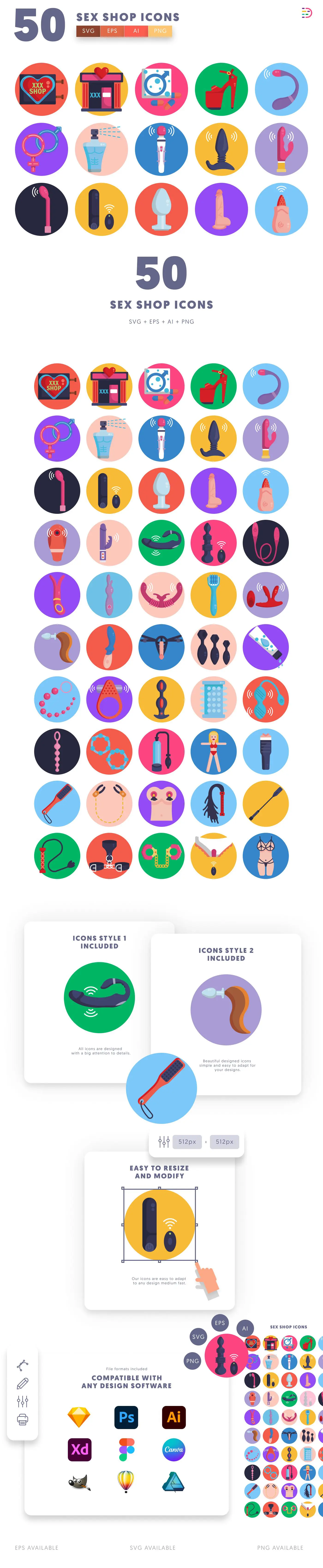 50 Sex Shop Icons – set of colorful flat circle icons