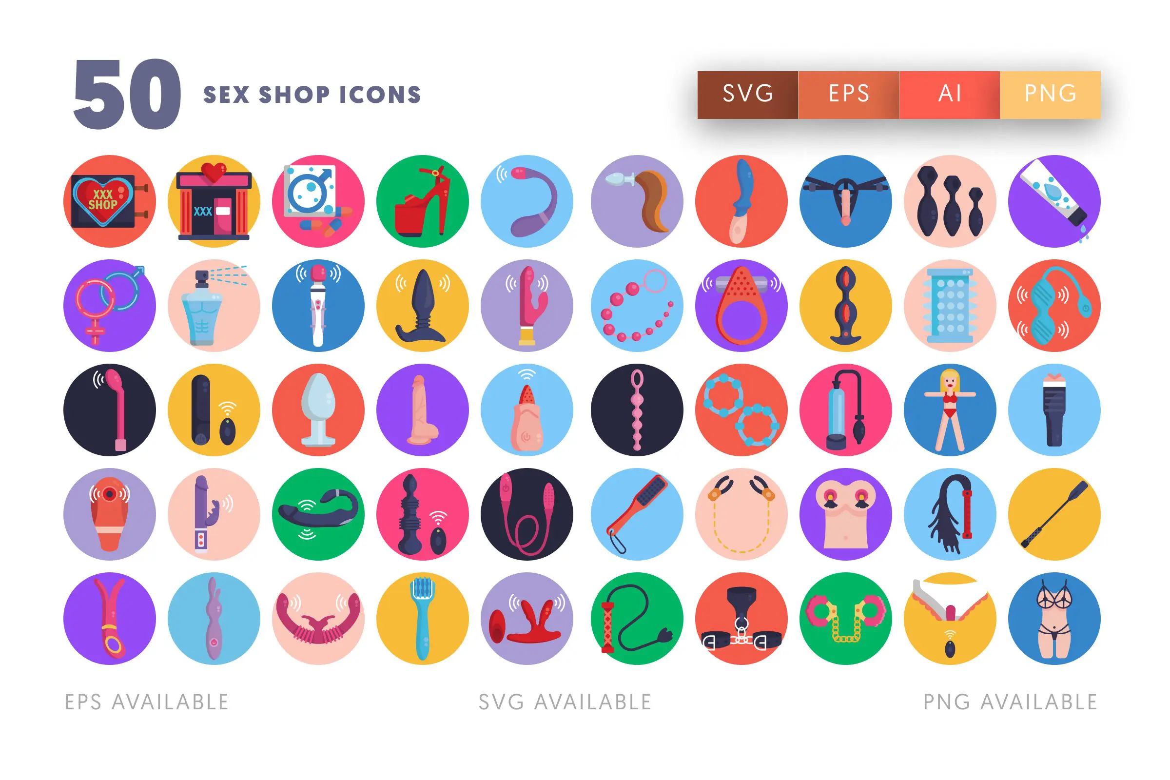 50 Sex Shop Icons – set of colorful flat circle icons