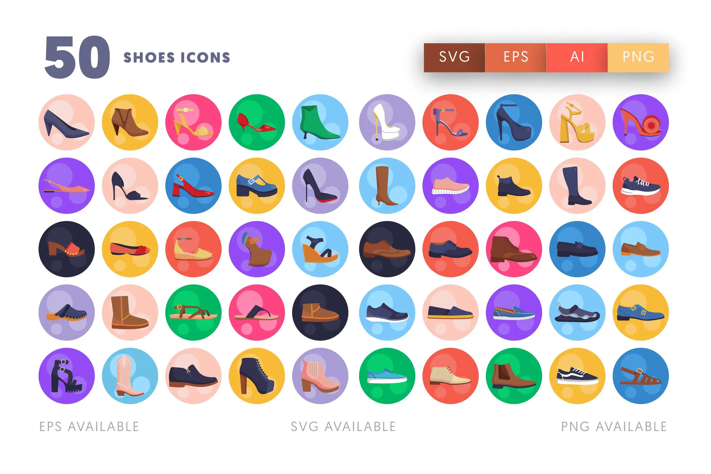 50 Shoes Icons – flat circle icon set
