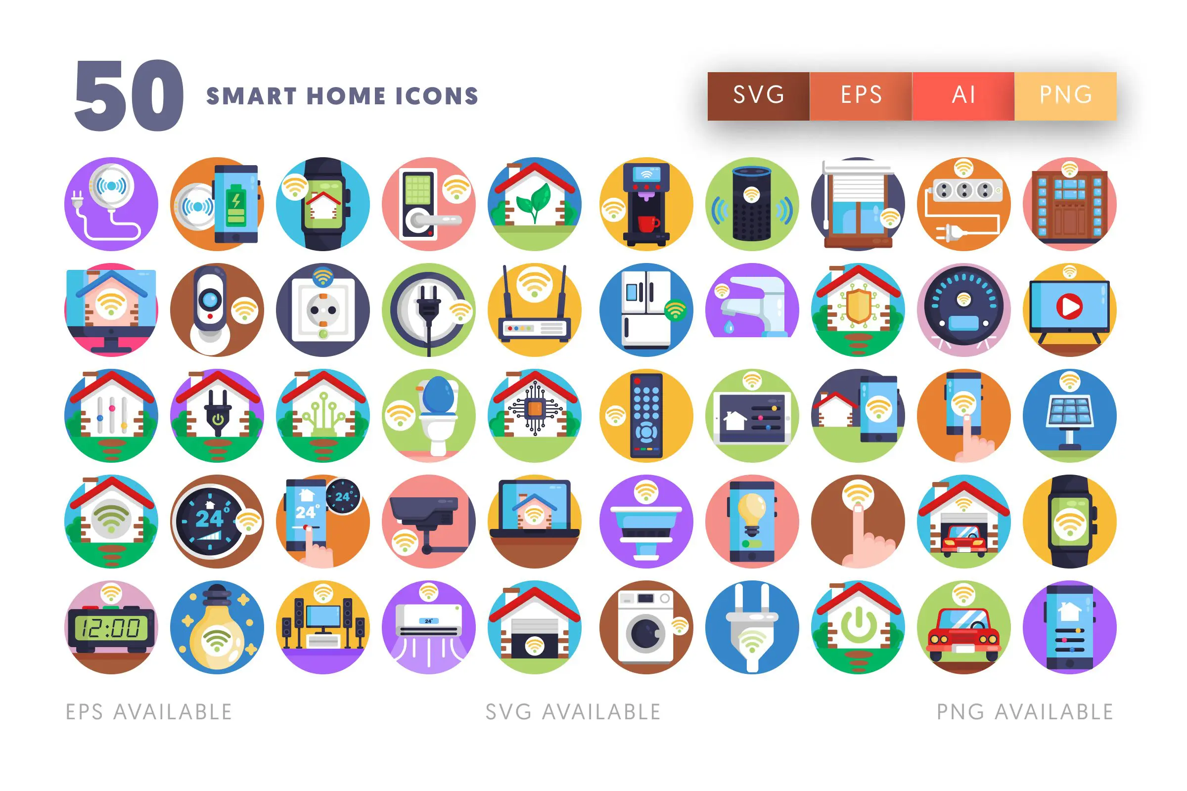 50 Smart Home Icons – flat circle icon set