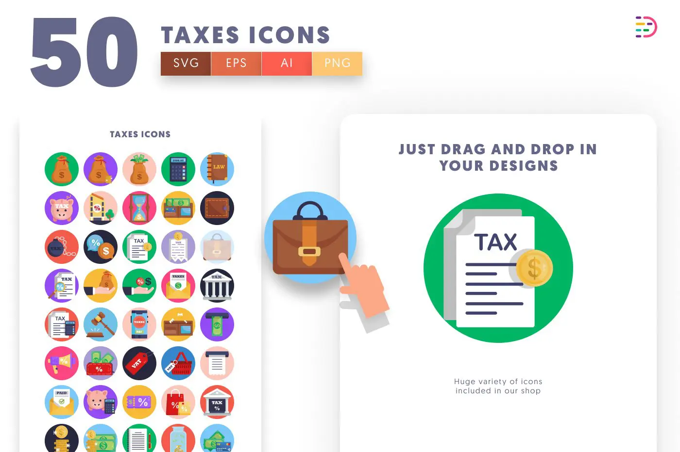 50 Taxes Icons preview 1 – flat circle icons in PNG, SVG and EPS