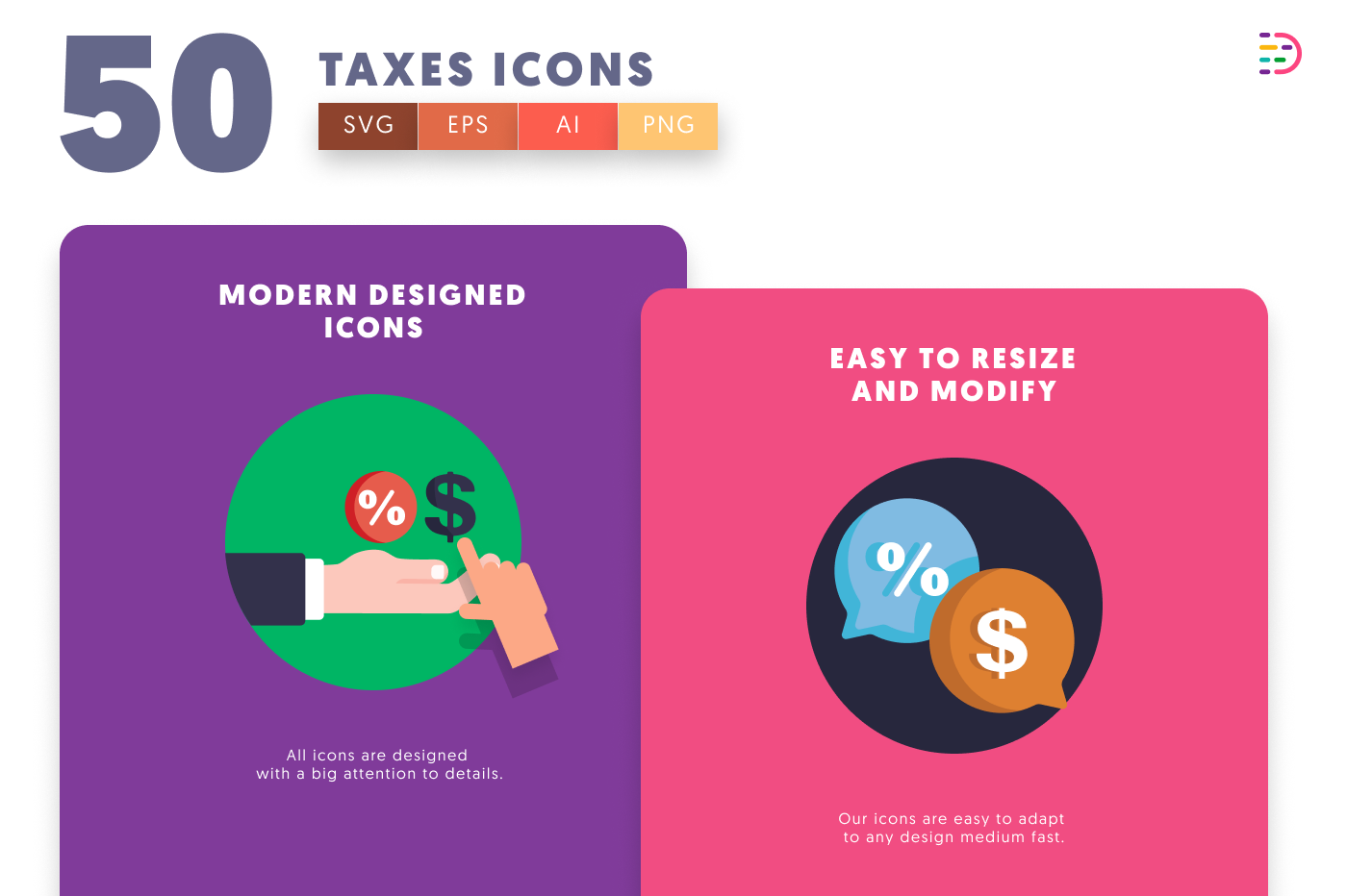 50 Taxes Icons cover – flat circle icons in PNG, SVG and EPS