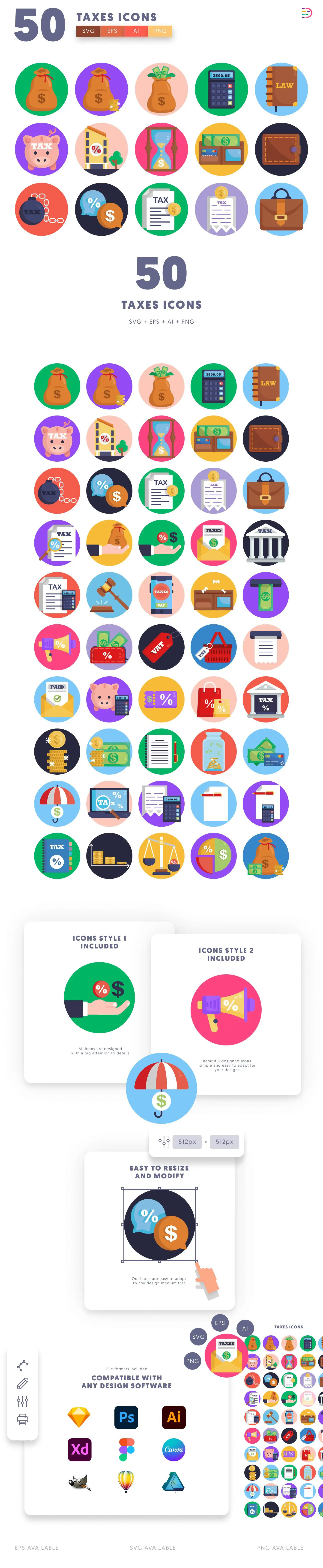 50 Taxes Icons cover – flat circle icons in PNG, SVG and EPS
