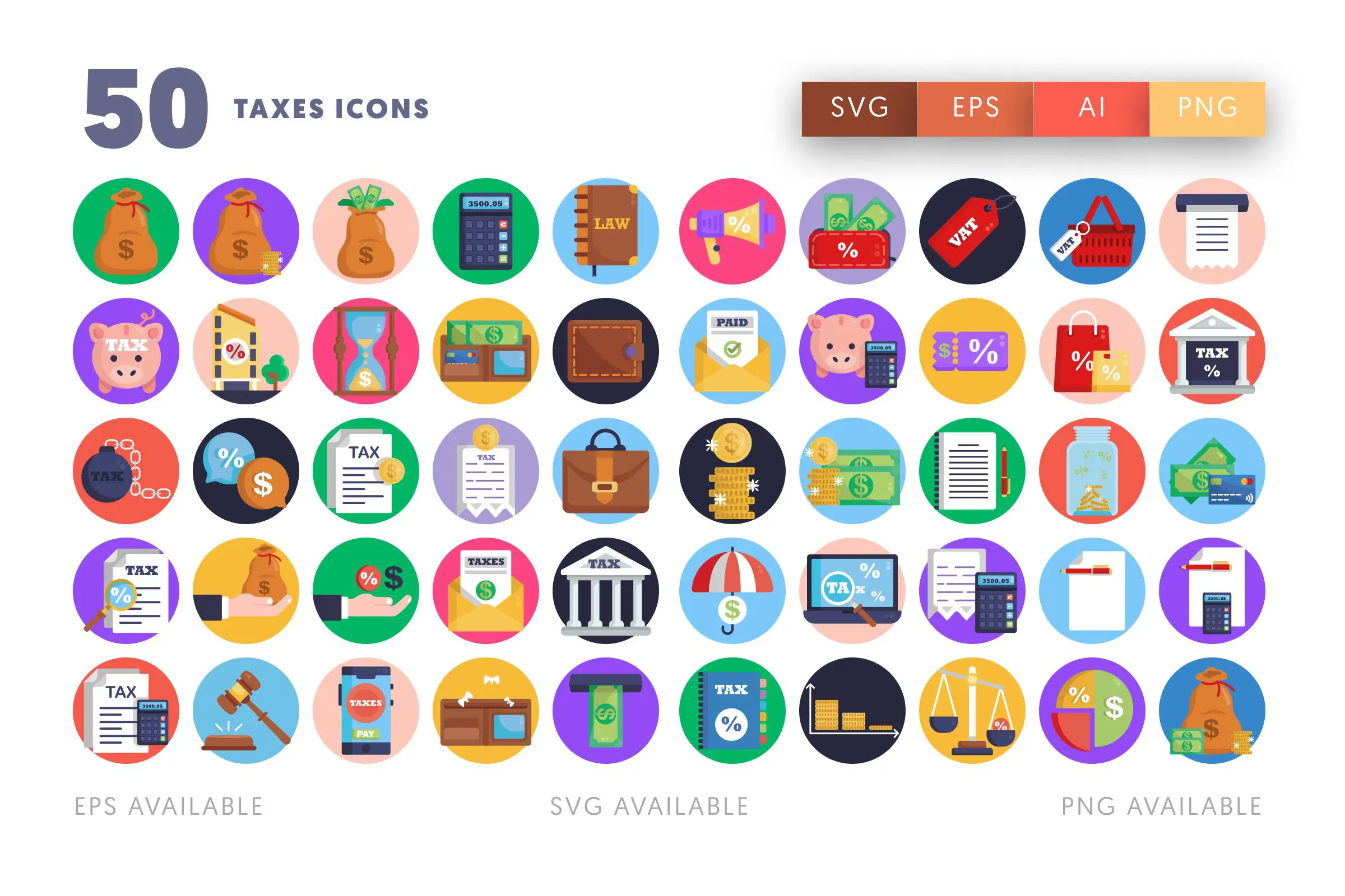 50 Taxes Icons – flat circle icon set
