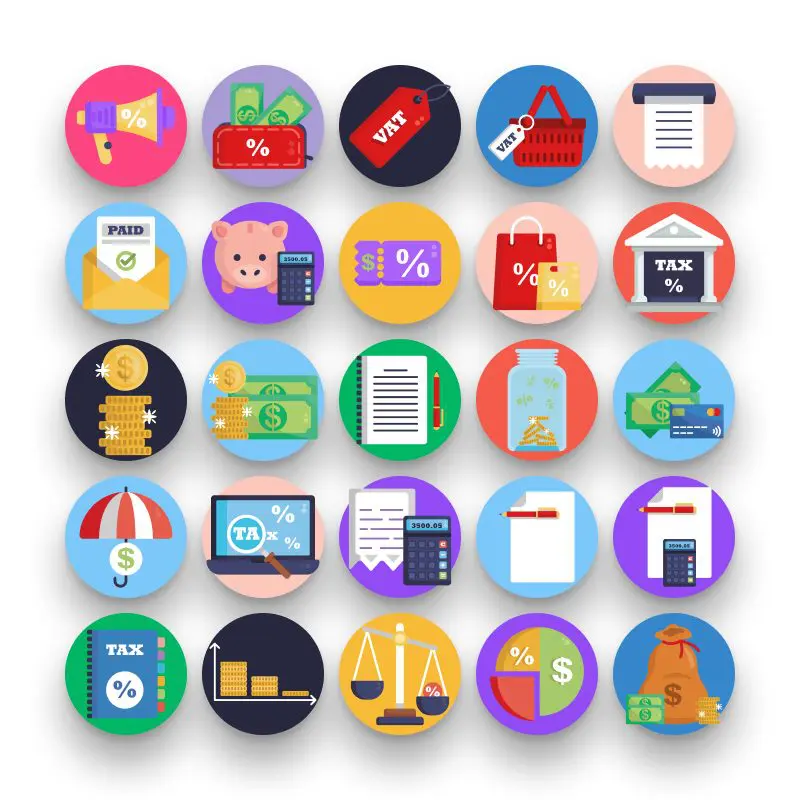 50 Taxes Icons – set of colorful flat circle icons