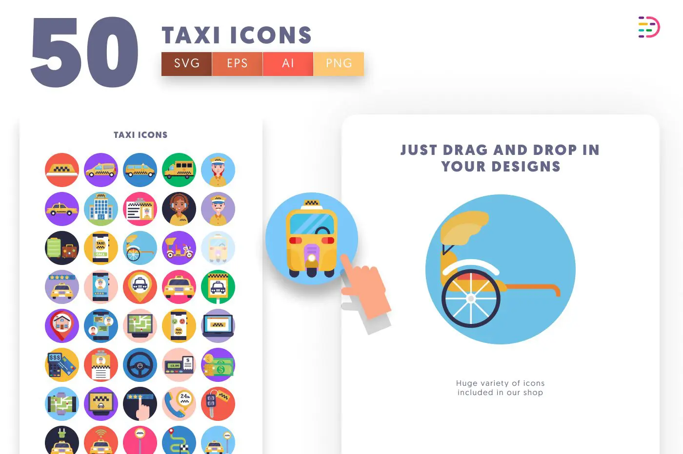 50 Taxi Icons preview 1 – flat circle icons in PNG, SVG and EPS