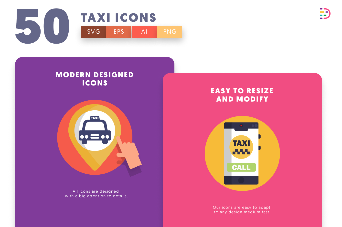 50 Taxi Icons cover – flat circle icons in PNG, SVG and EPS