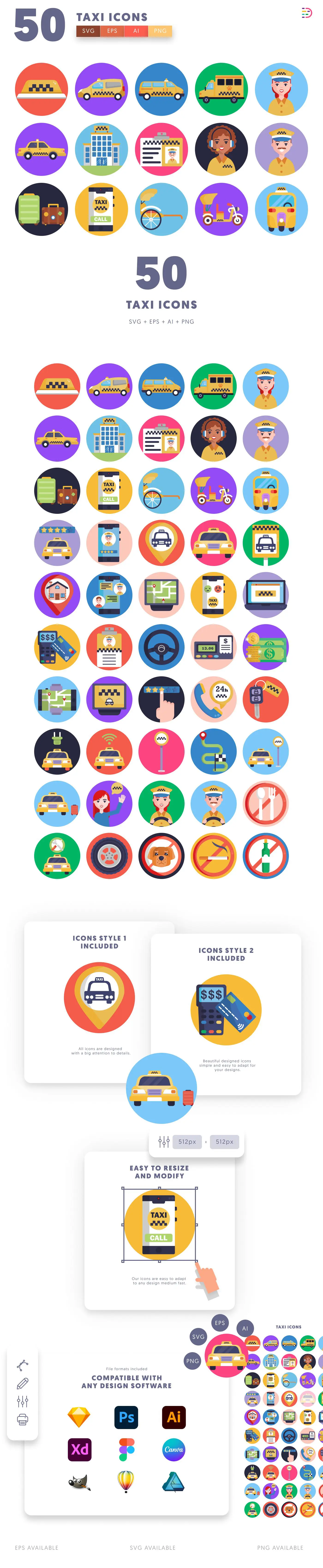 50 Taxi Icons cover – flat circle icons in PNG, SVG and EPS