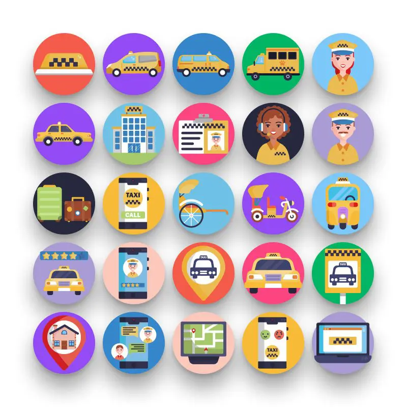 50 Taxi Icons – set of colorful flat circle icons