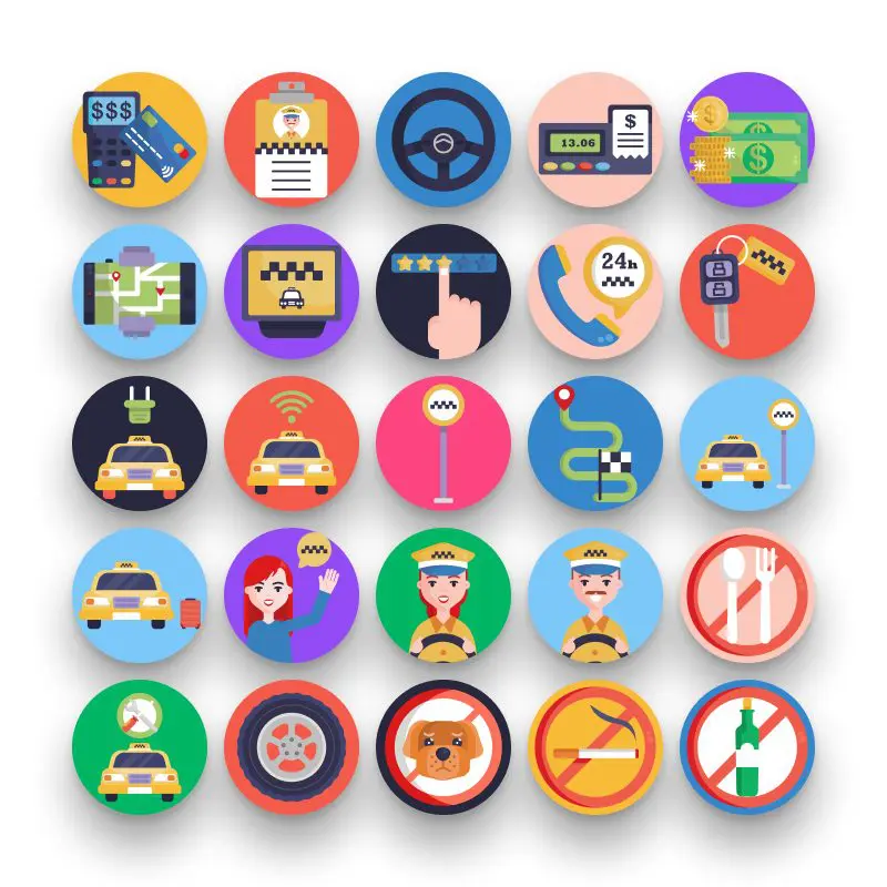 50 Taxi Icons – set of colorful flat circle icons