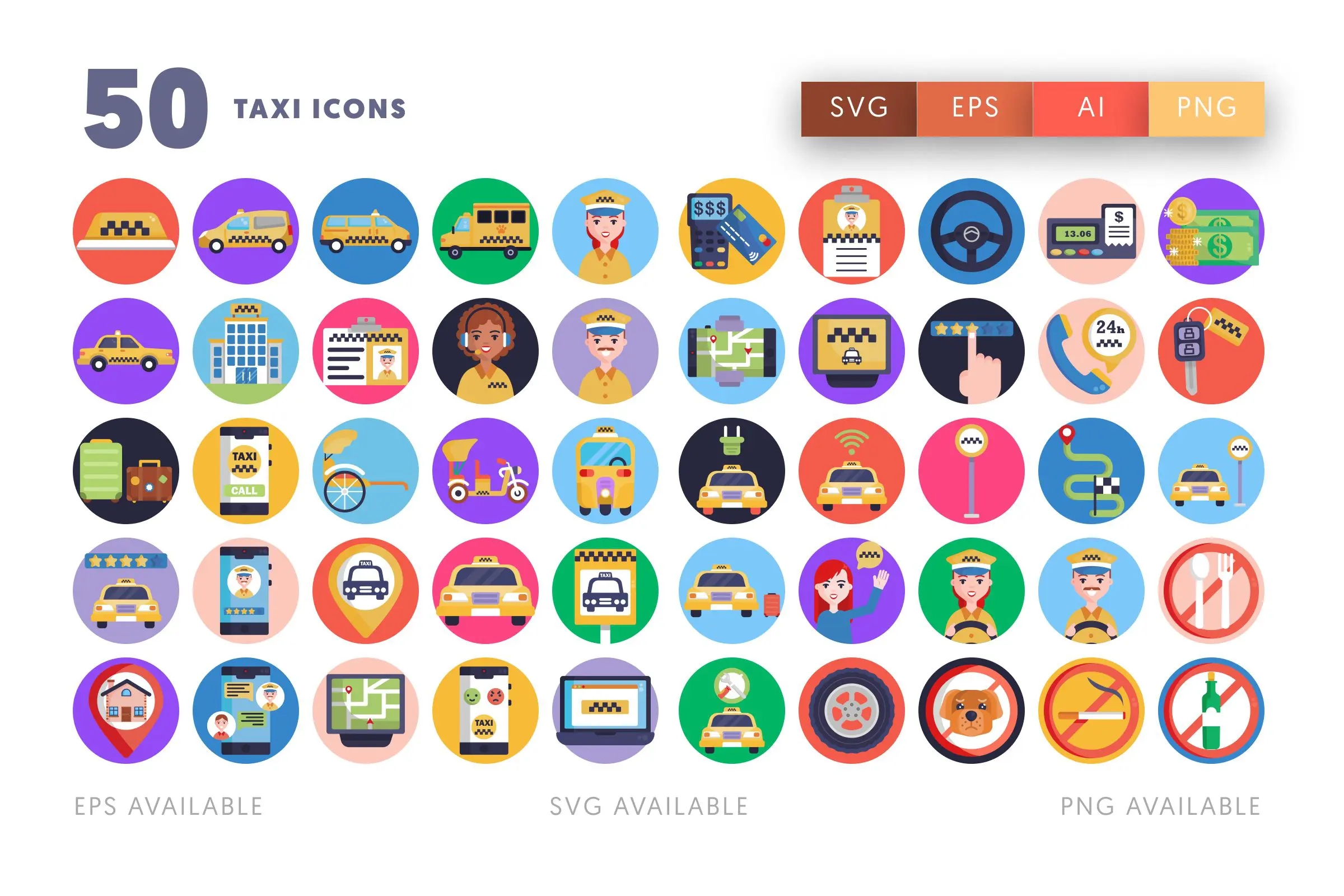 50 Taxi Icons – flat circle icon set