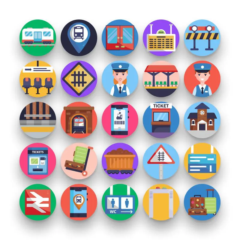 50 Trains Icons – set of colorful flat circle icons