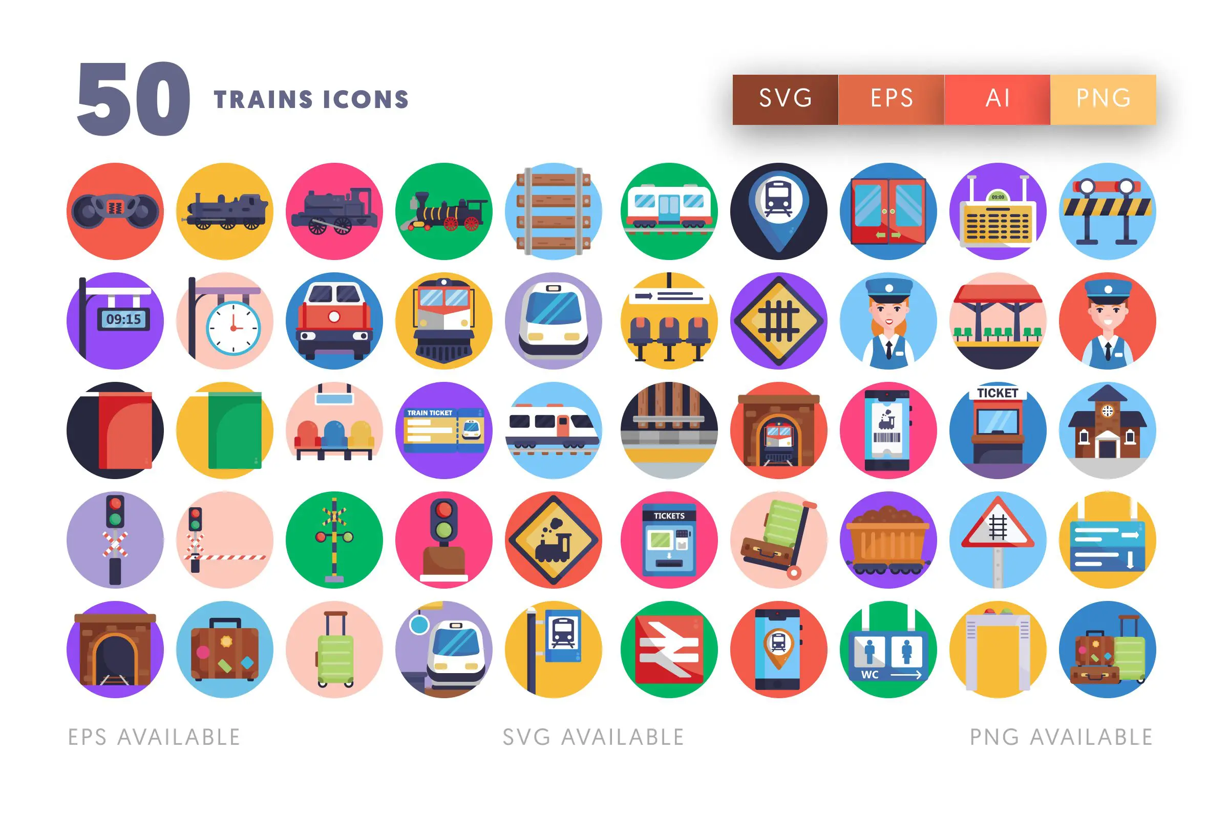 50 Trains Icons – flat circle icon set