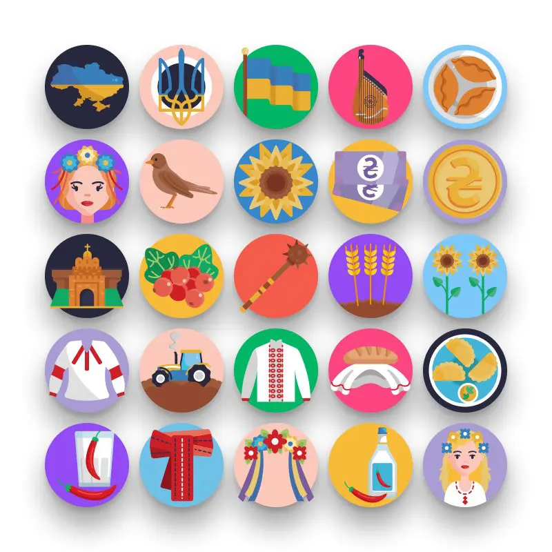 50 Ukraine Icons – set of colorful flat circle icons