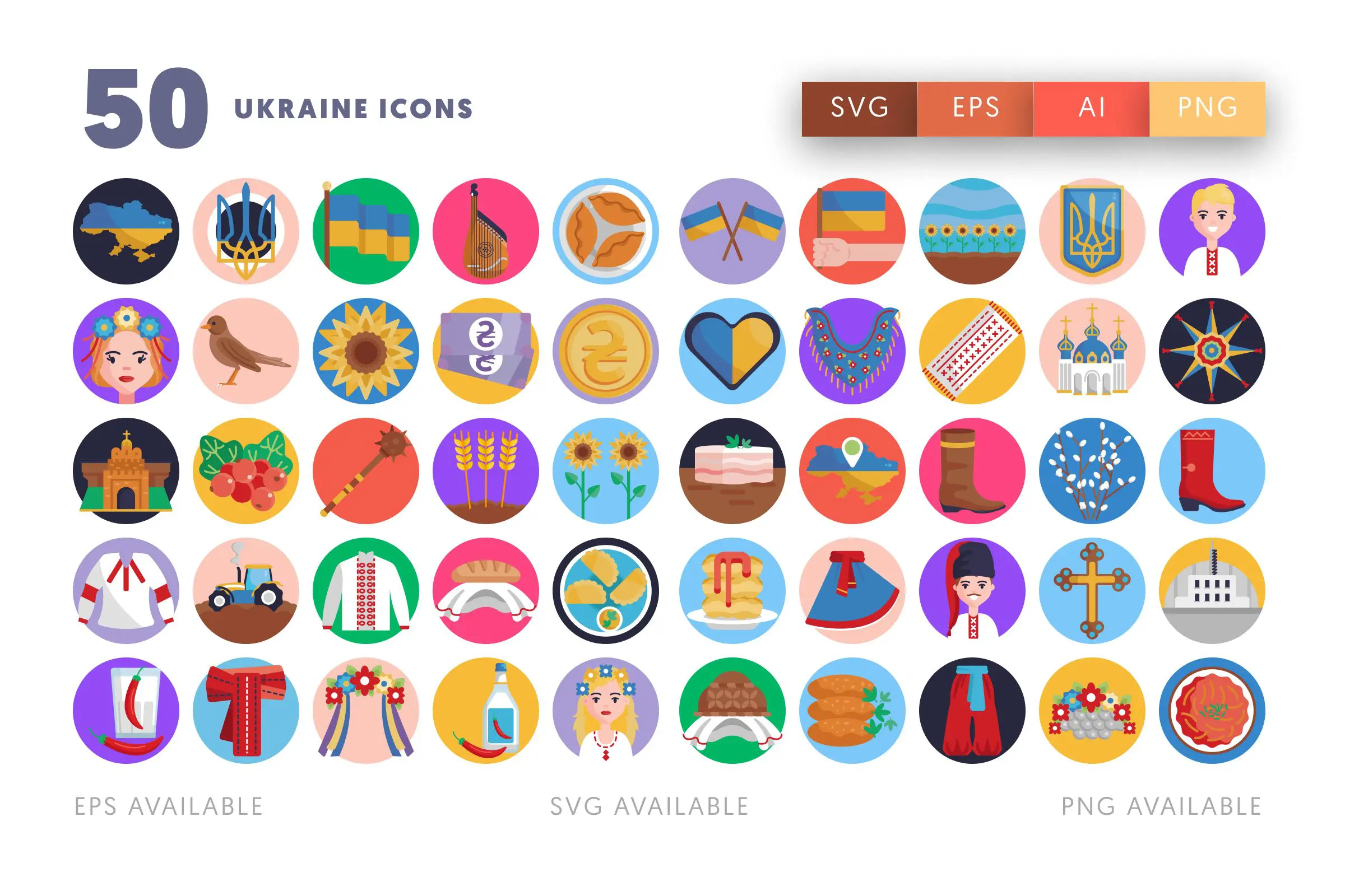 50 Ukraine Icons – flat circle icon set