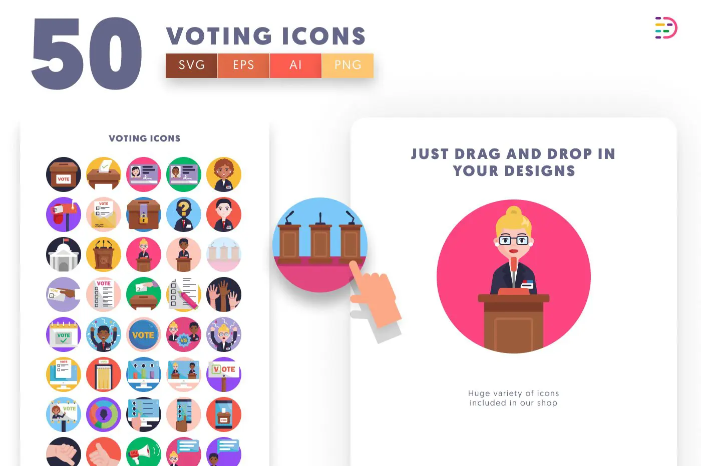 50 Voting Icons preview 1 – flat circle icons in PNG, SVG and EPS