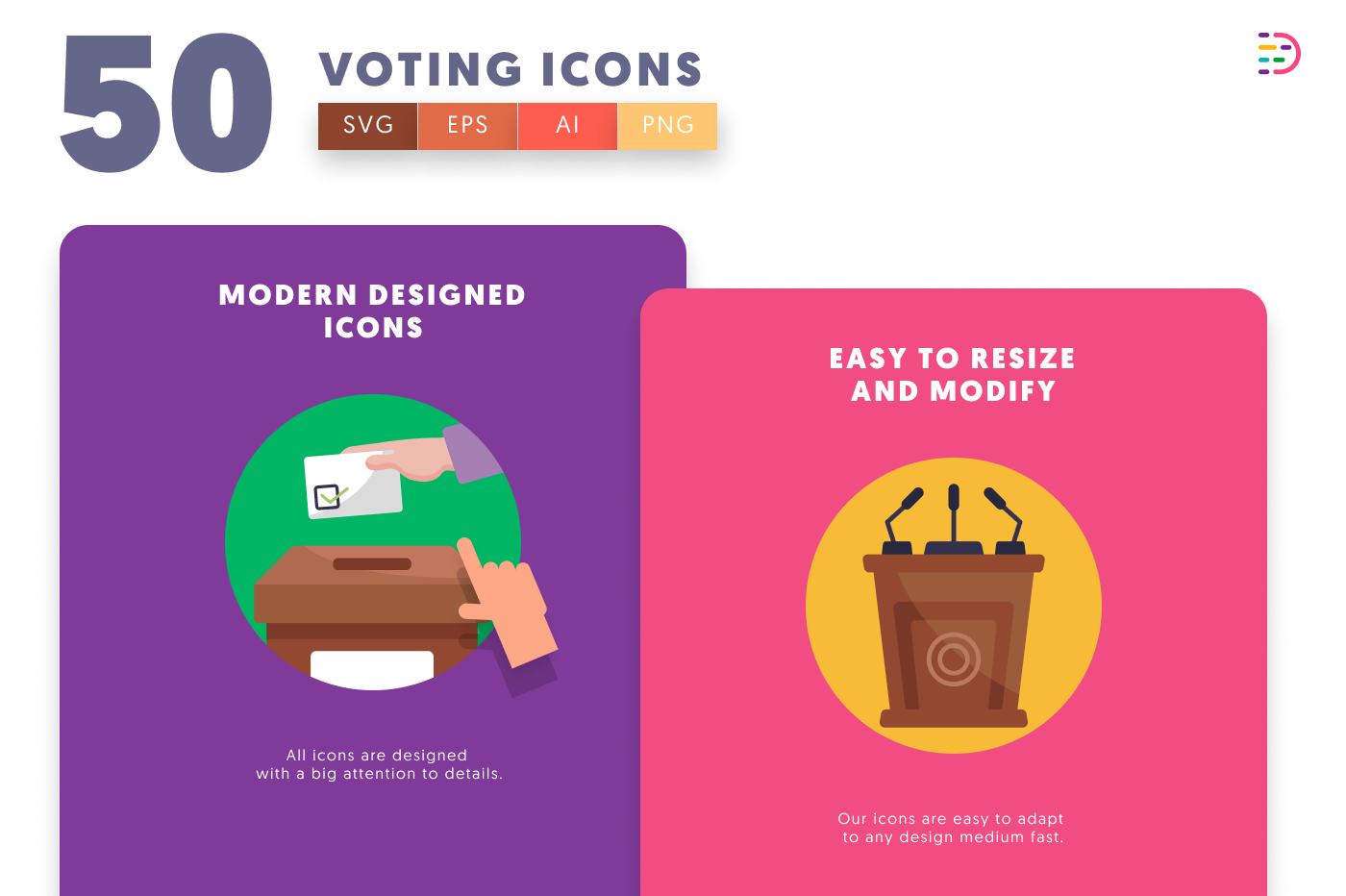 50 Voting Icons cover – flat circle icons in PNG, SVG and EPS
