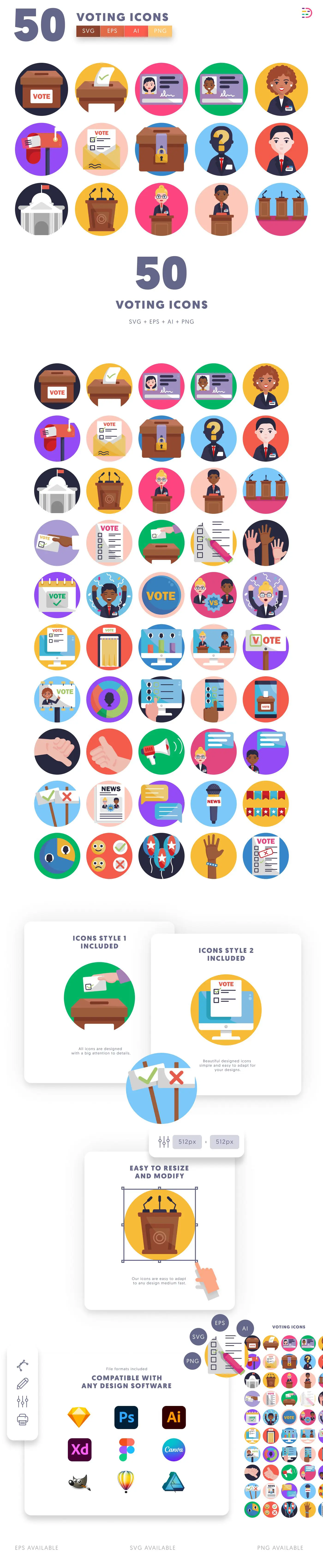 50 Voting Icons cover – flat circle icons in PNG, SVG and EPS
