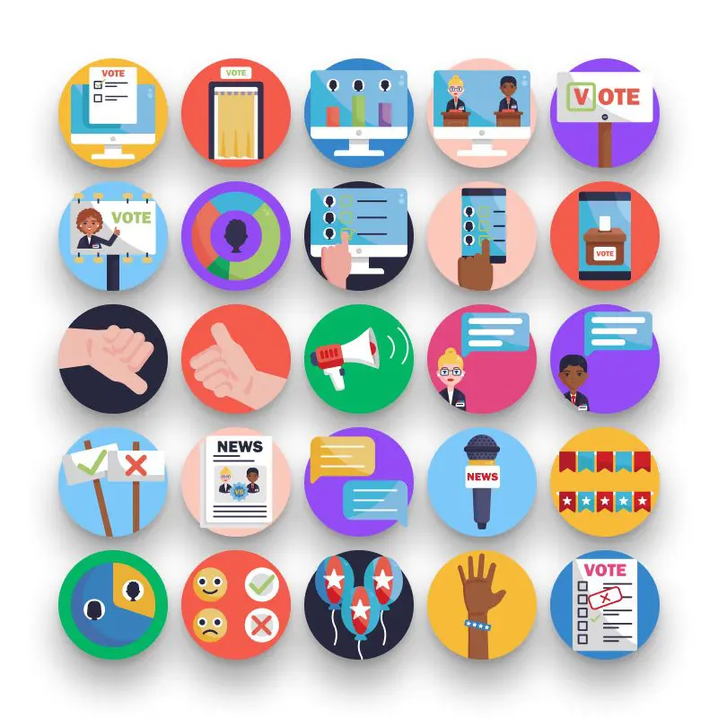 50 Voting Icons – set of colorful flat circle icons