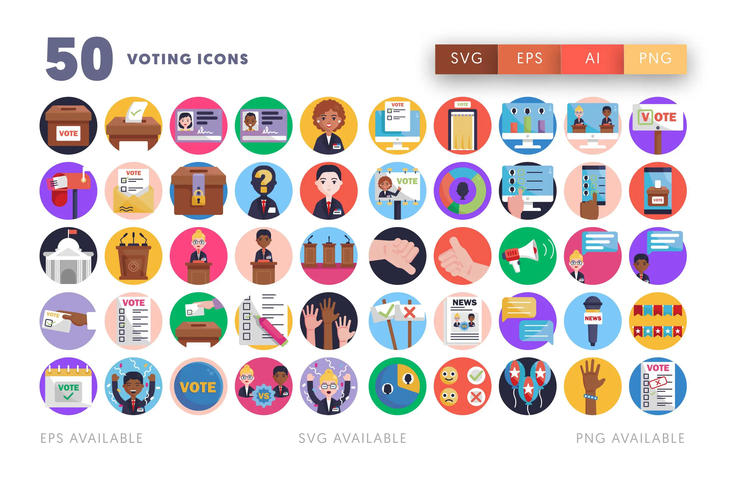 50 Voting Icons – flat circle icon set