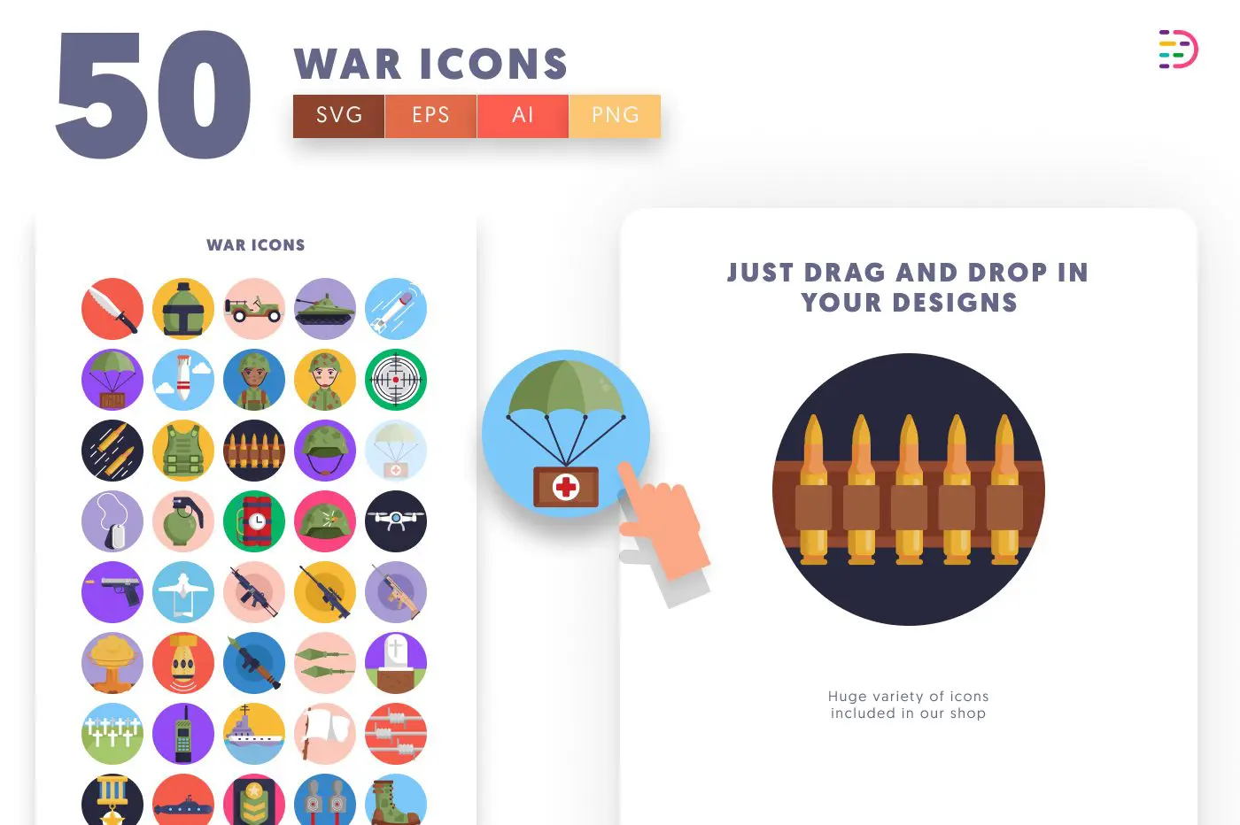 50 War Icons preview 1 – flat circle icons in PNG, SVG and EPS