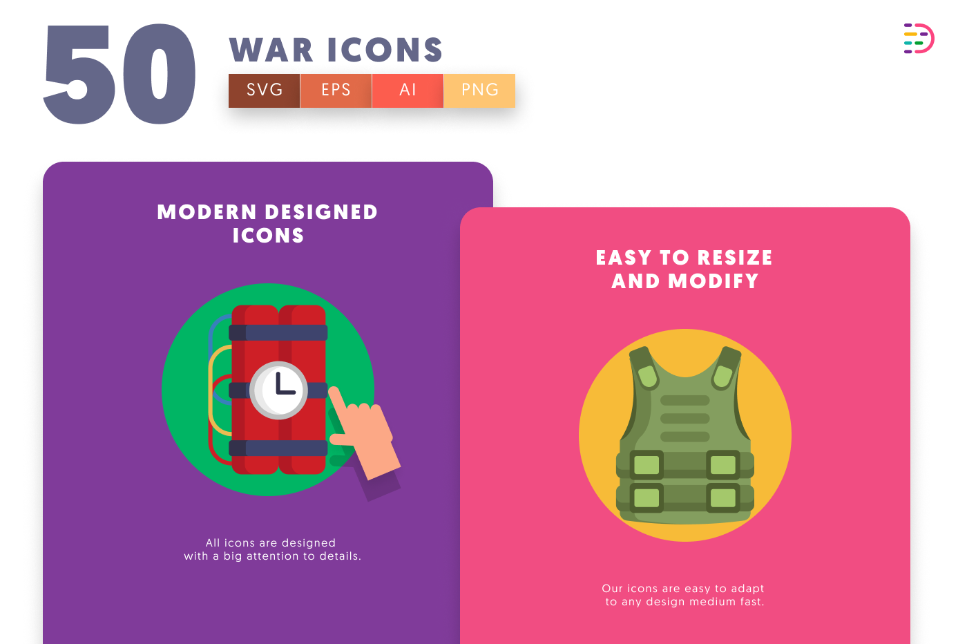 50 War Icons cover – flat circle icons in PNG, SVG and EPS