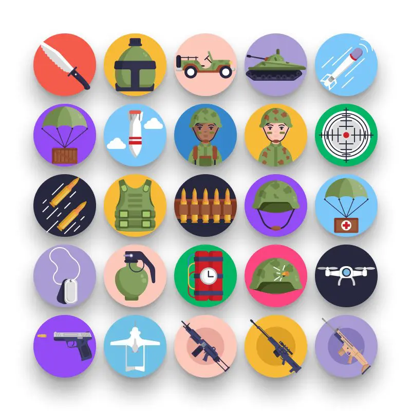 50 War Icons – set of colorful flat circle icons