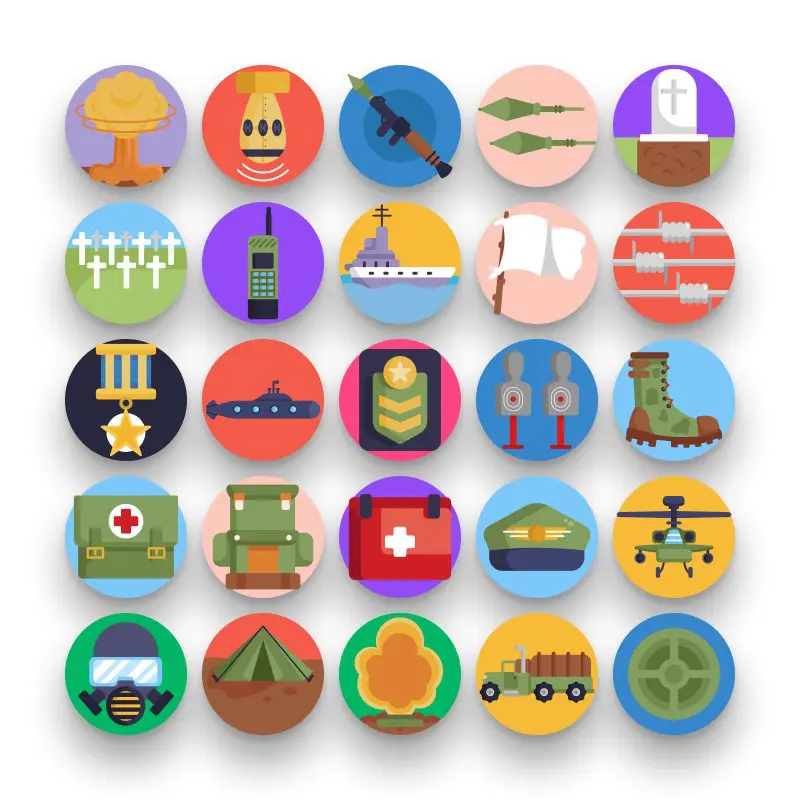 50 War Icons – set of colorful flat circle icons