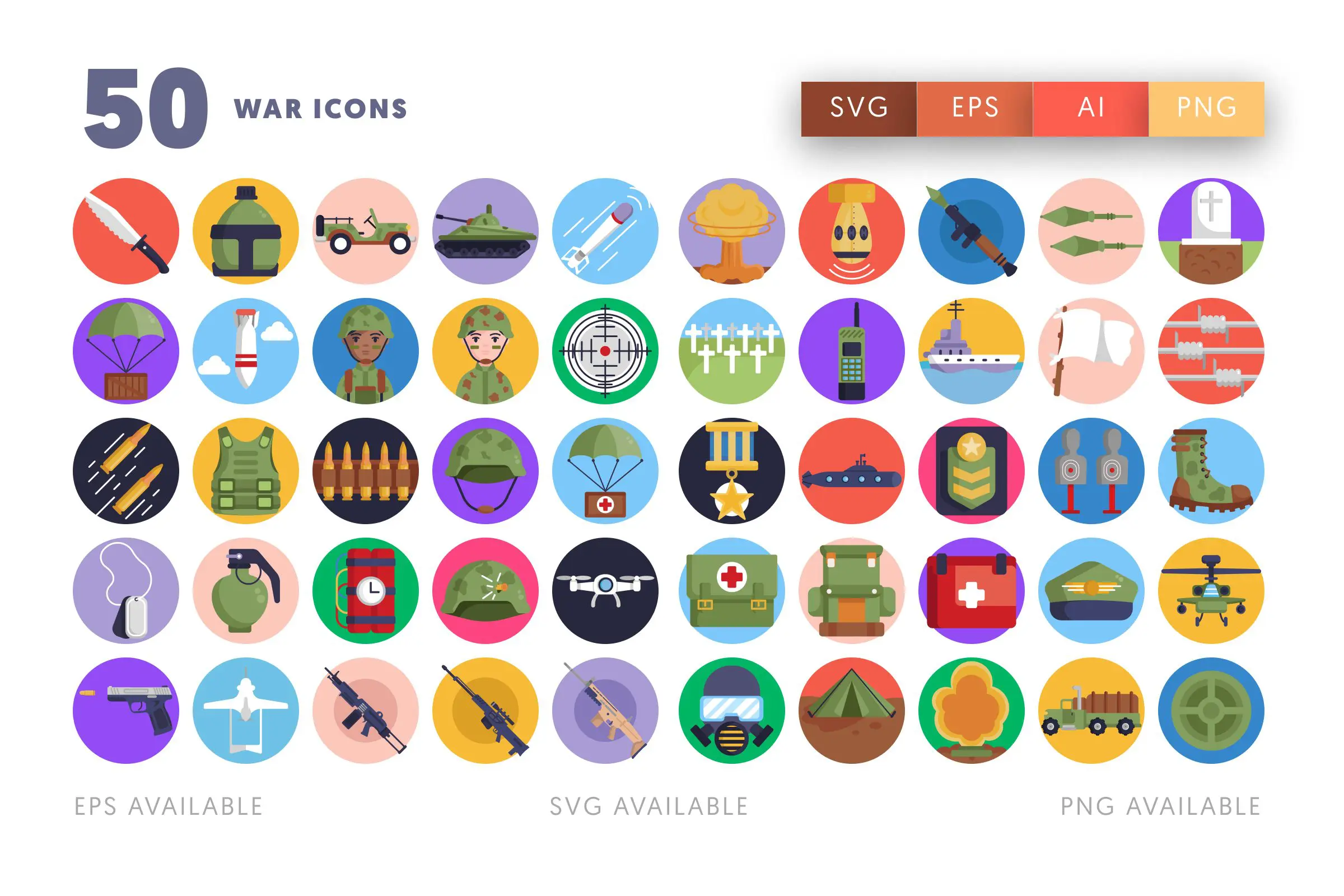 50 War Icons – flat circle icon set