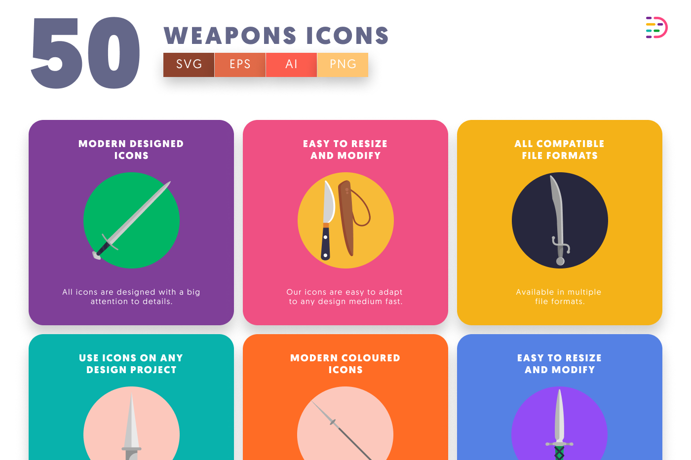 50 Weapons Icons preview 5 – flat circle icons in PNG, SVG and EPS