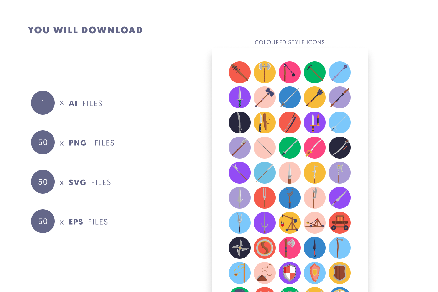 50 Weapons Icons preview 9 – flat circle icons in PNG, SVG and EPS