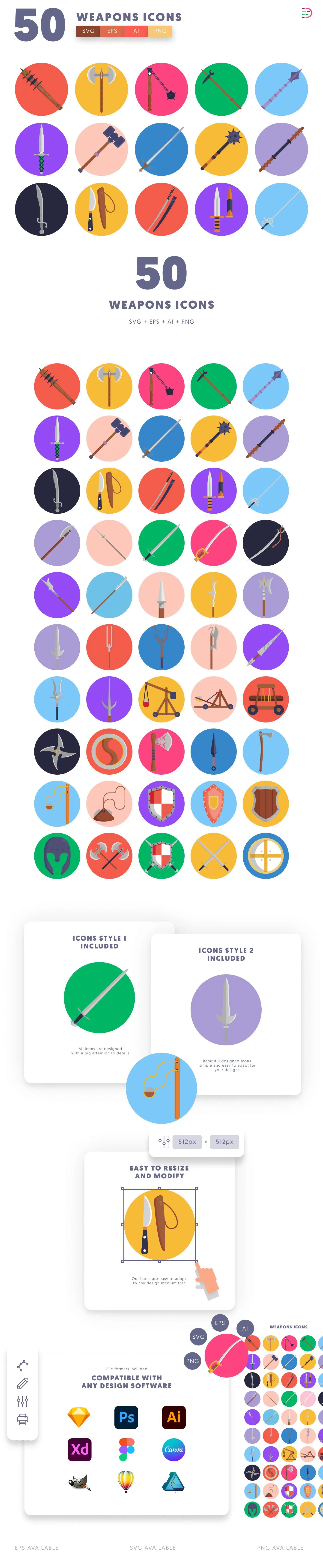 50 Weapons Icons cover – flat circle icons in PNG, SVG and EPS