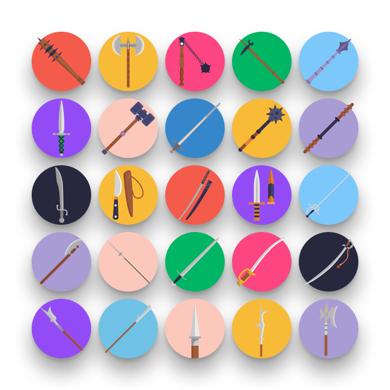 50 Weapons Icons – set of colorful flat circle icons