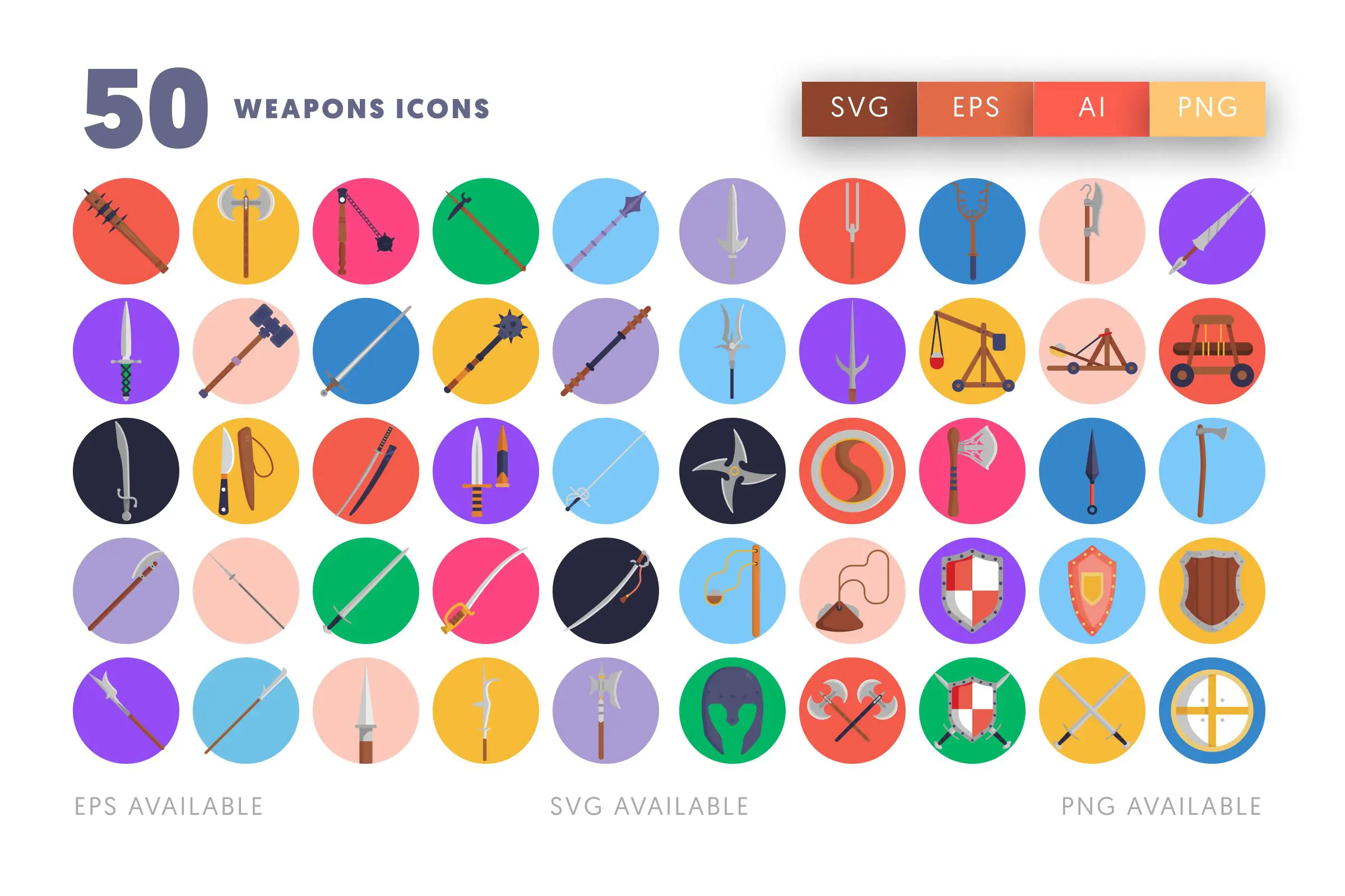 50 Weapons Icons – flat circle icon set