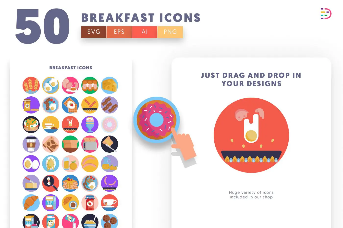50 Breakfast Icons preview 1 – flat circle icons in PNG, SVG and EPS