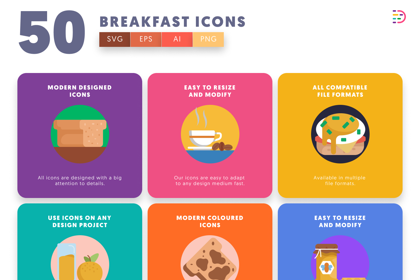 50 Breakfast Icons preview 5 – flat circle icons in PNG, SVG and EPS